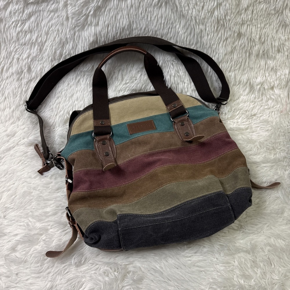 AIBAG Canvas Crossbody Satchel Striped Brown‎ Leather Trim Tote Messenger Bag